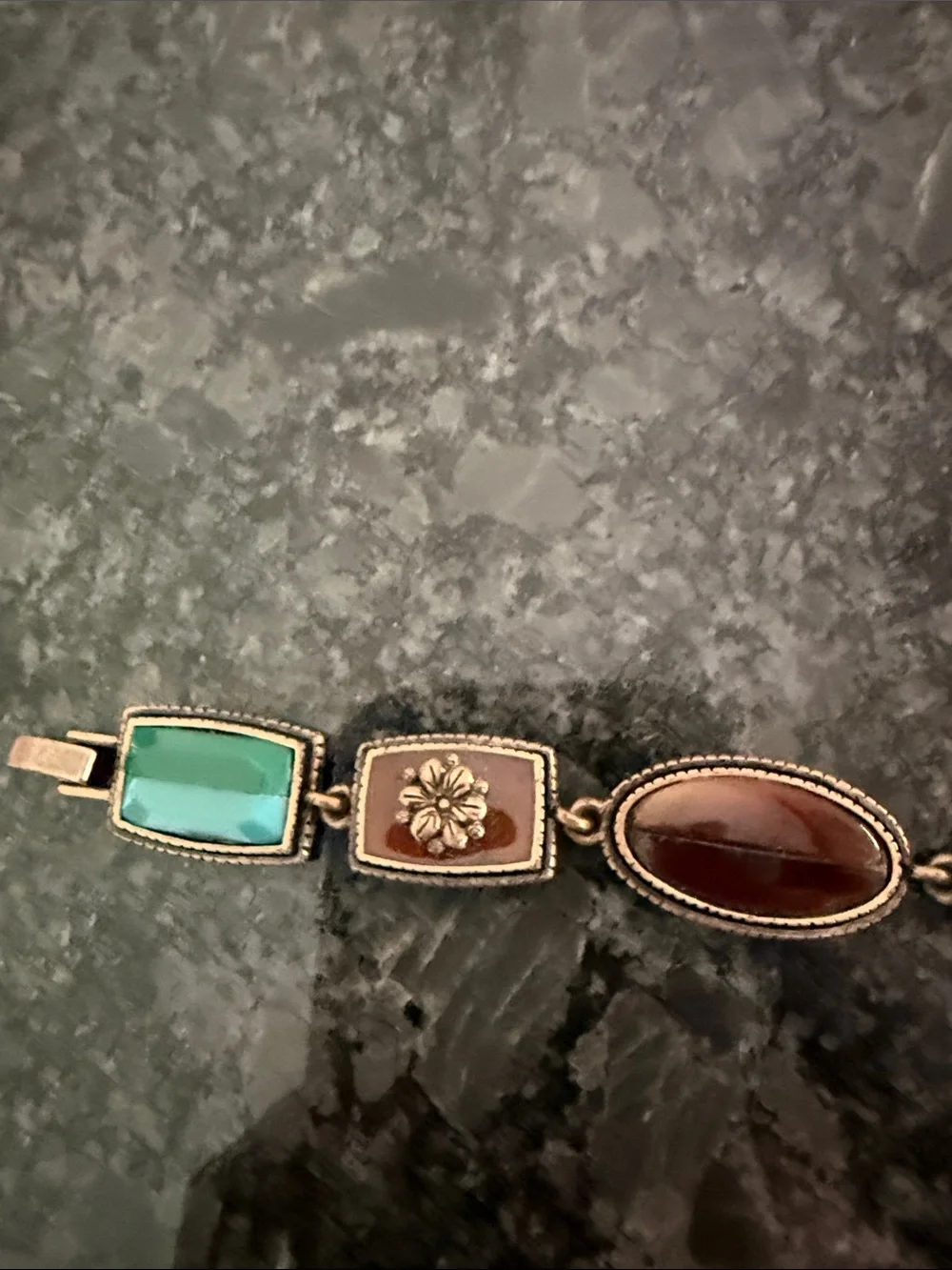 Vintage Brass Green & Brown Glass Link Bracelet Ornate Floral Statement